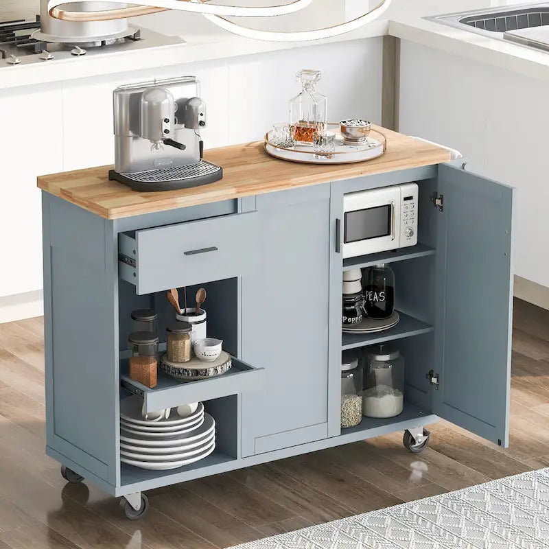 Kitchen Island with Foldable Counter Top, Kitchen Storage Cart with Slide-Out Shelf, Towel Rack and Drawer, Rolling Wheels – Image 28