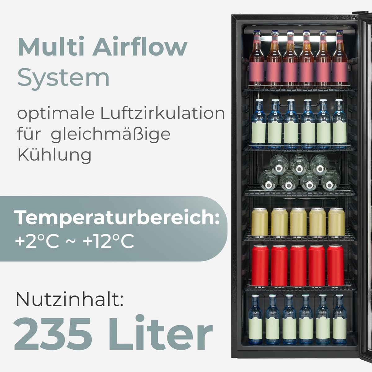 Bomann KSG 7292 Réfrigérateur avec porte en verre | Classe énergétique C | 143 cm | Réfrigérateur de boissons 2-12 °C | MultiAirflow | 5 étagères grillagées | Butée de porte interchangeable | 236 l | – Image 6