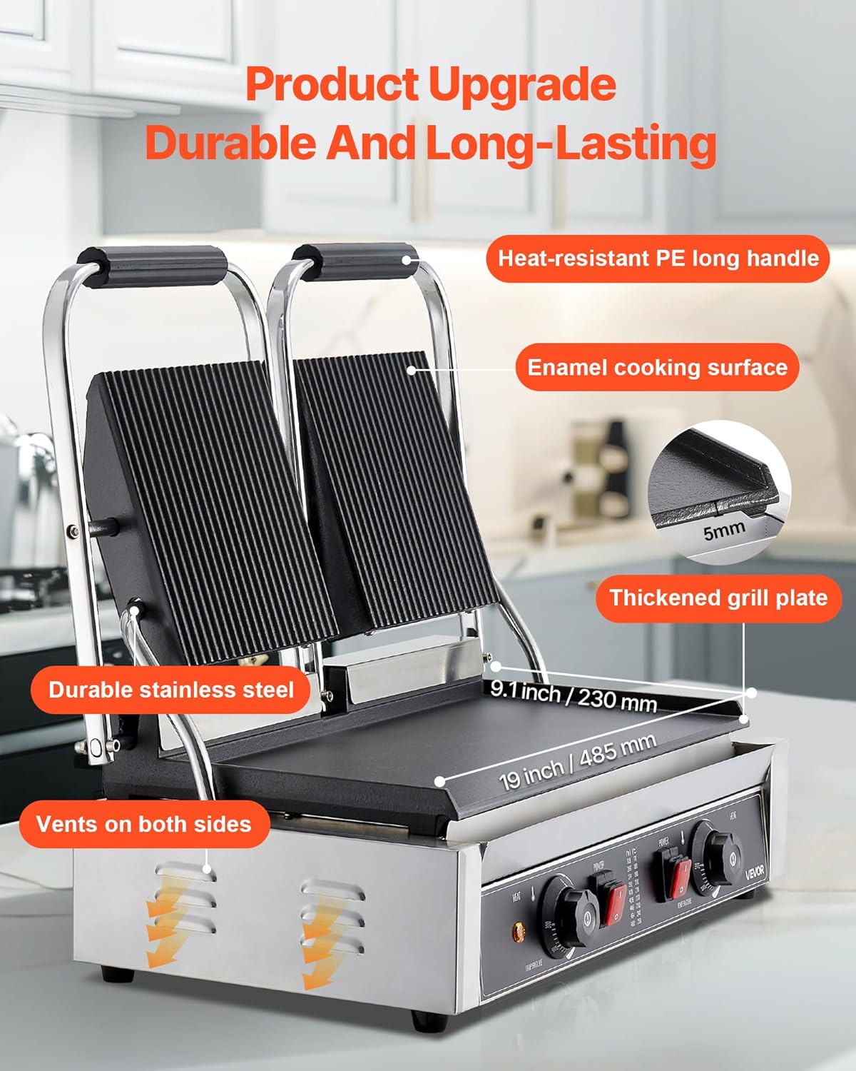 VEVOR Gril Panini Électrique de 3600 W, Double Presse à Panini avec Plaque de Cuisson Émaillée de 48,5x23 cm, Appareil à Sandwich en Inox, Contrôle de la Température, pour Hamburger, Steak, Cuisine – Image 3