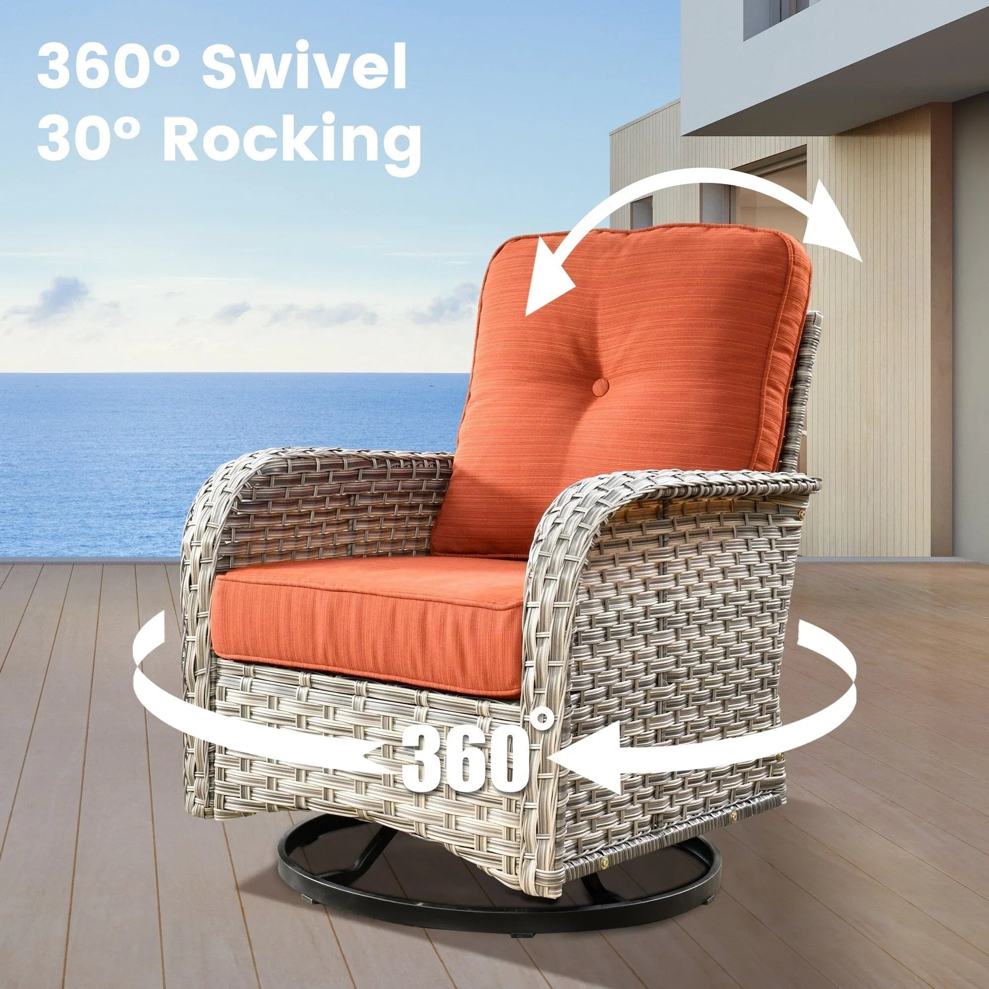 OVIOS 9 Pieces Outdoor Wicker Swivel Chair Set With Fire Table – Image 55