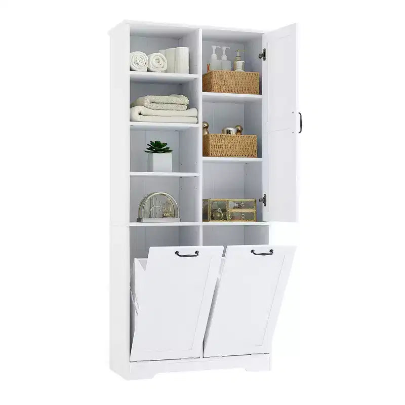 Bathroom Storage Cabinet with Doors and Drawers Tilt-Out Laundry Hamper Multiple Storage Space Freestanding Style – Image 15