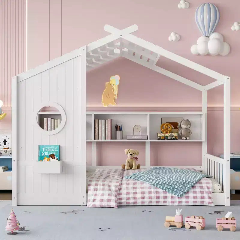 Polibi Floor House Bed with Built-In Storage Shelves & Slatted Roof – Image 3