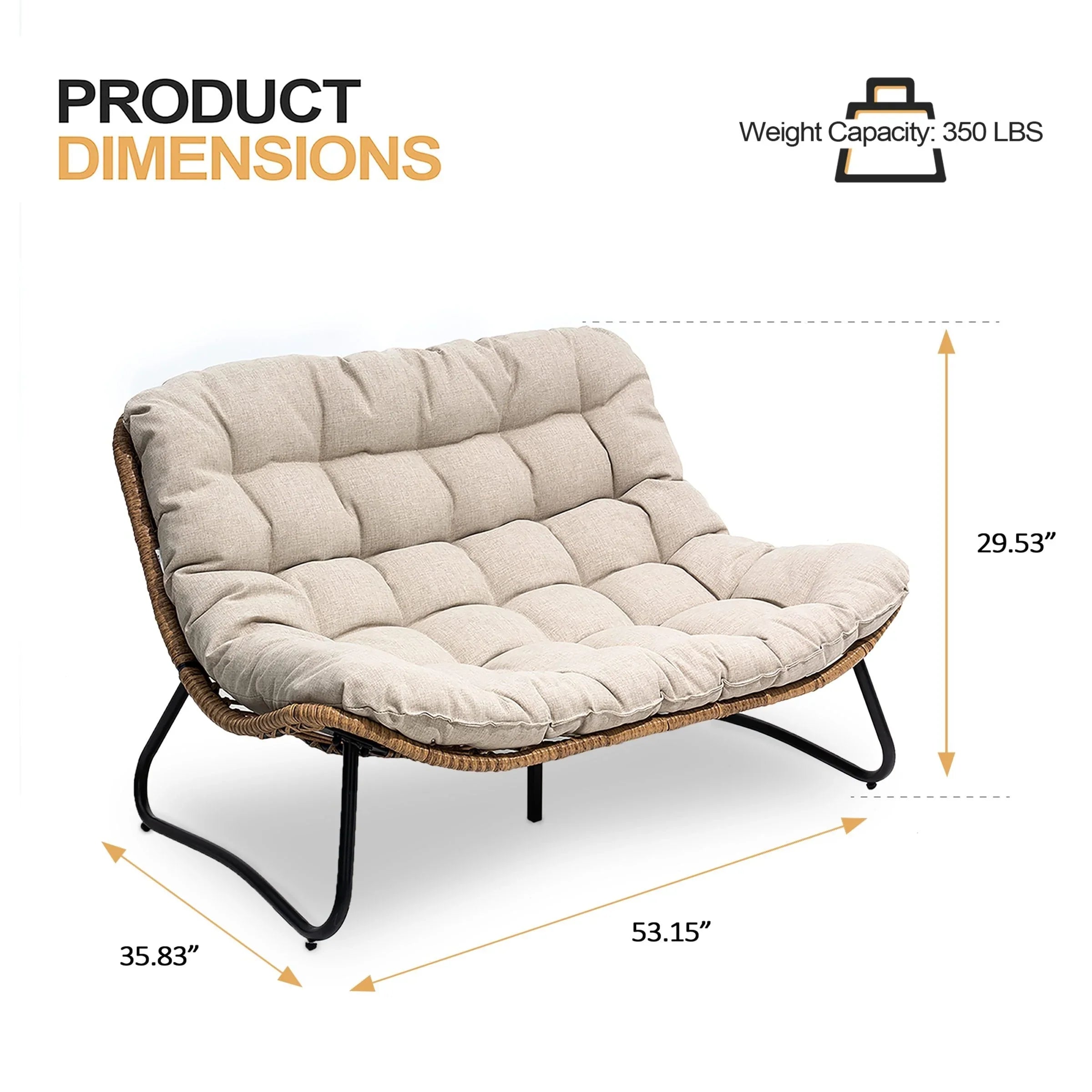 Double Papasan Chair Loveseat with Cushion, All-weather PE Rattan and Metal Frame for Indoor Outdoor – Image 31