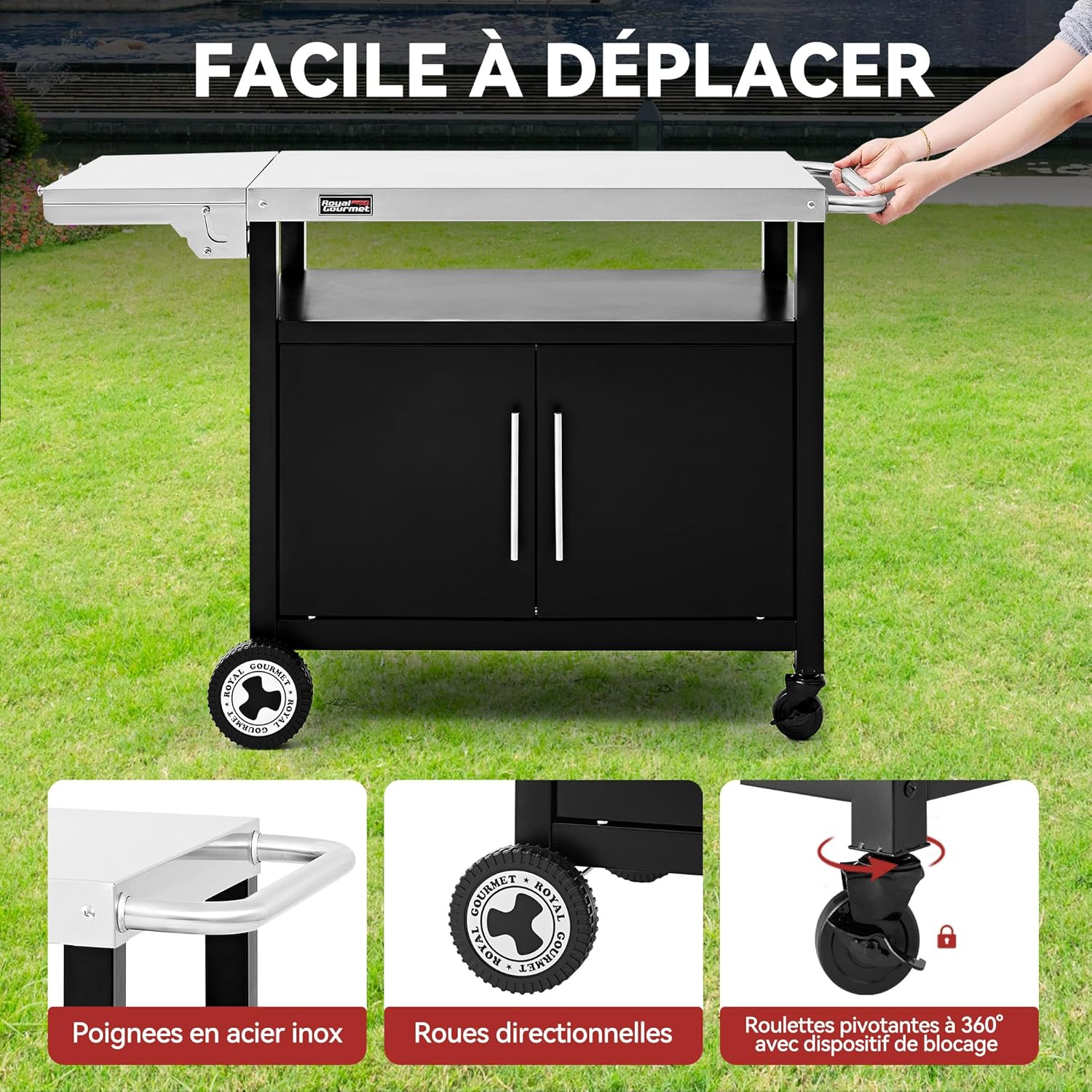 Royal Gourmet Chariot de Barbecue avec Porte d'Armoire, Desserte Extérieure pour Plancha avec Dessus de Table en Acier INOX 85 x 50cm et Table d'Appoint Pliable de 30 x 50cm, pour Cuisine et Jardin – Image 3