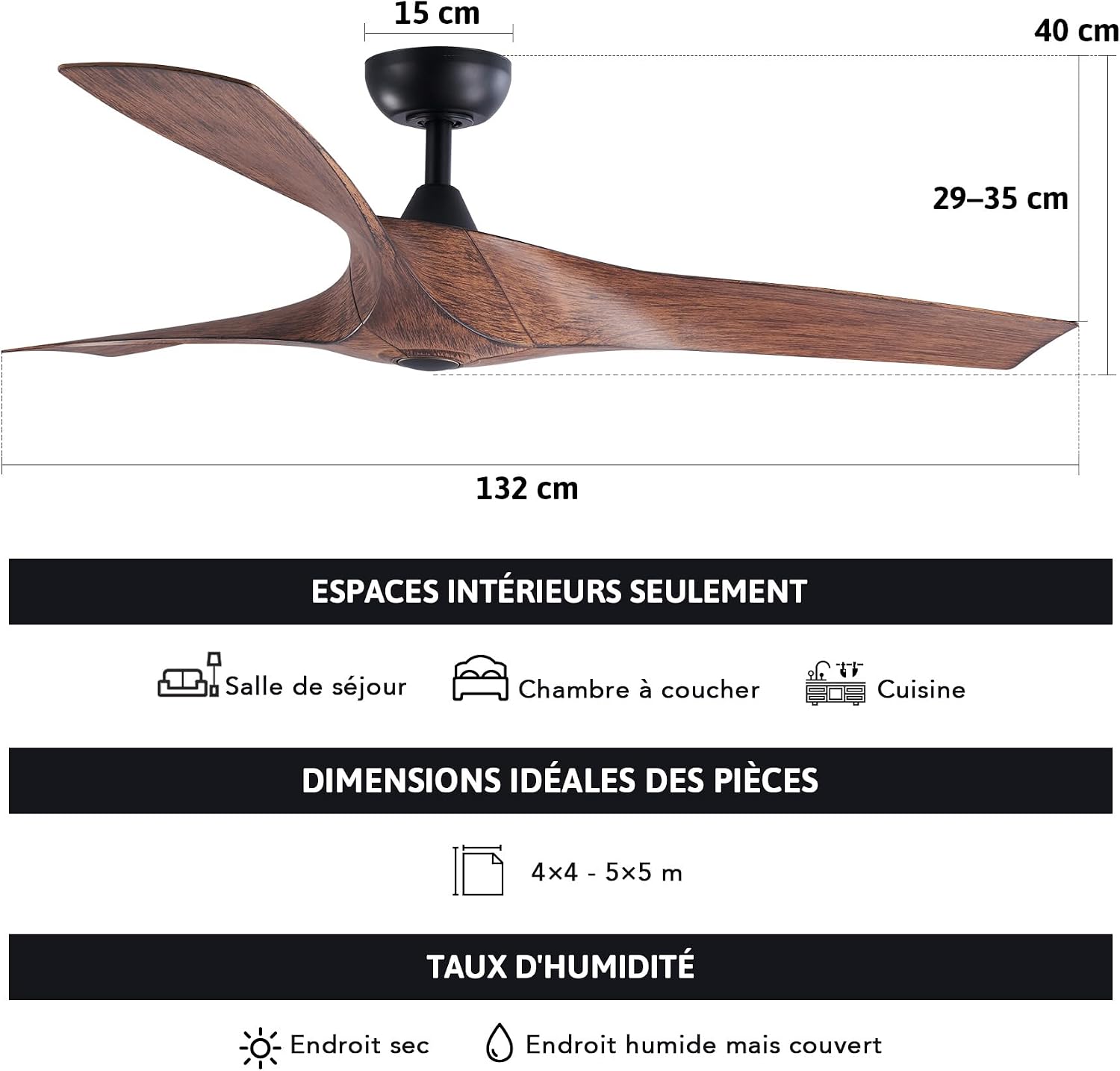 VONLUCE Ventilateur de Plafond Ø132CM 52 Pouces 3 Pales sans Lumière avec Télécommande Moteur DC Silencieux Réversible 6 Vitesses pour Chambre à Coucher Patios Salon Fermier, Noyer – Image 7