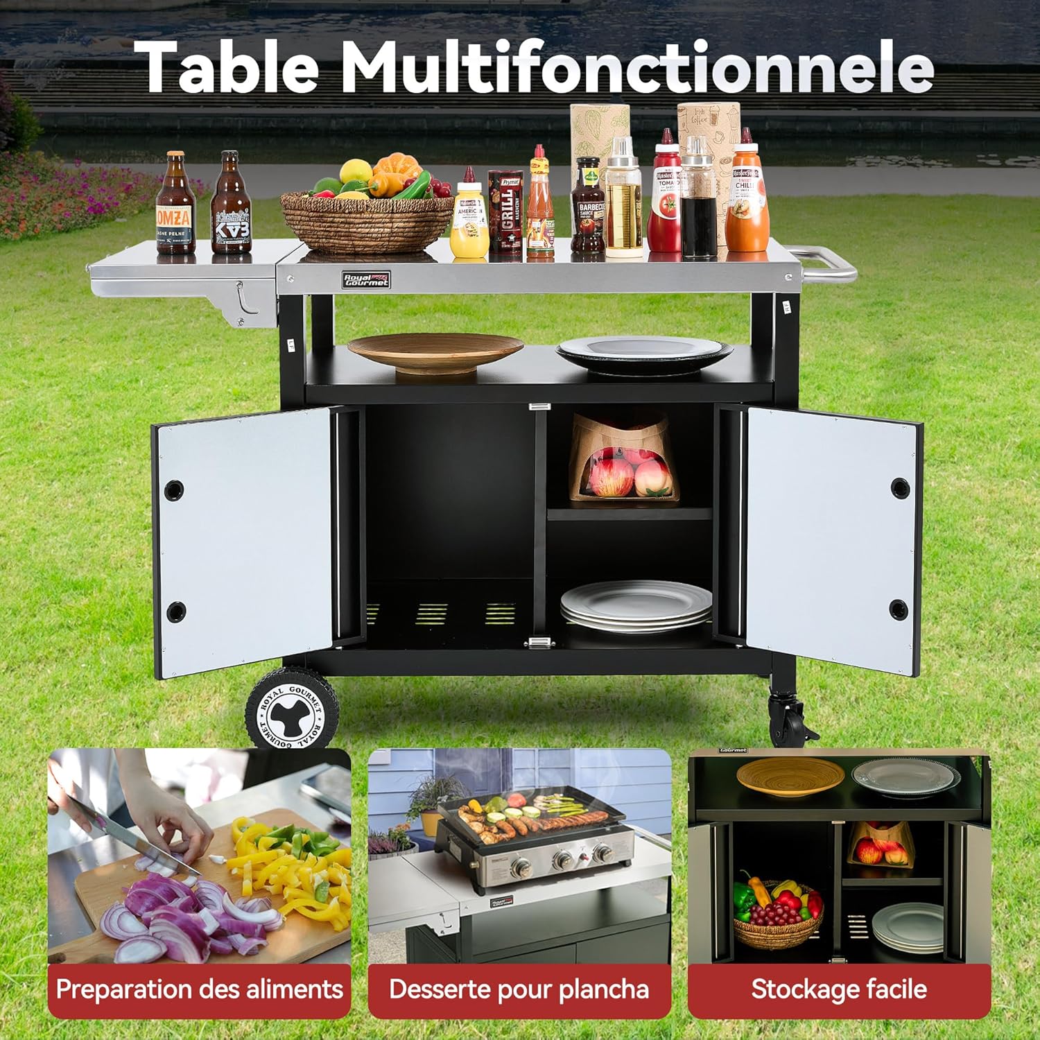 Royal Gourmet Chariot de Barbecue avec Porte d'Armoire, Desserte Extérieure pour Plancha avec Dessus de Table en Acier INOX 85 x 50cm et Table d'Appoint Pliable de 30 x 50cm, pour Cuisine et Jardin – Image 8