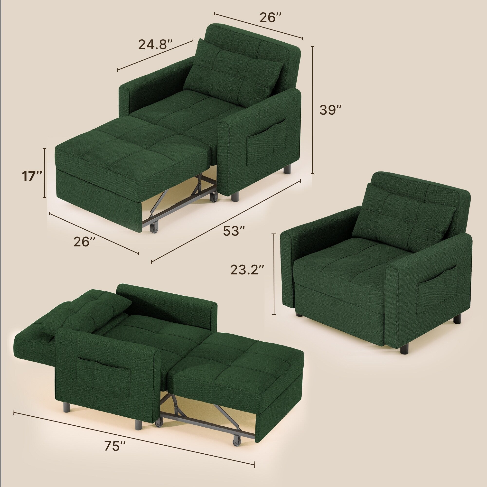 3-in-1 Adjustable Sleeper Sofa Bed, Pull Out Chair Sofa, Convertible Folding Bed for Living Room – Image 12