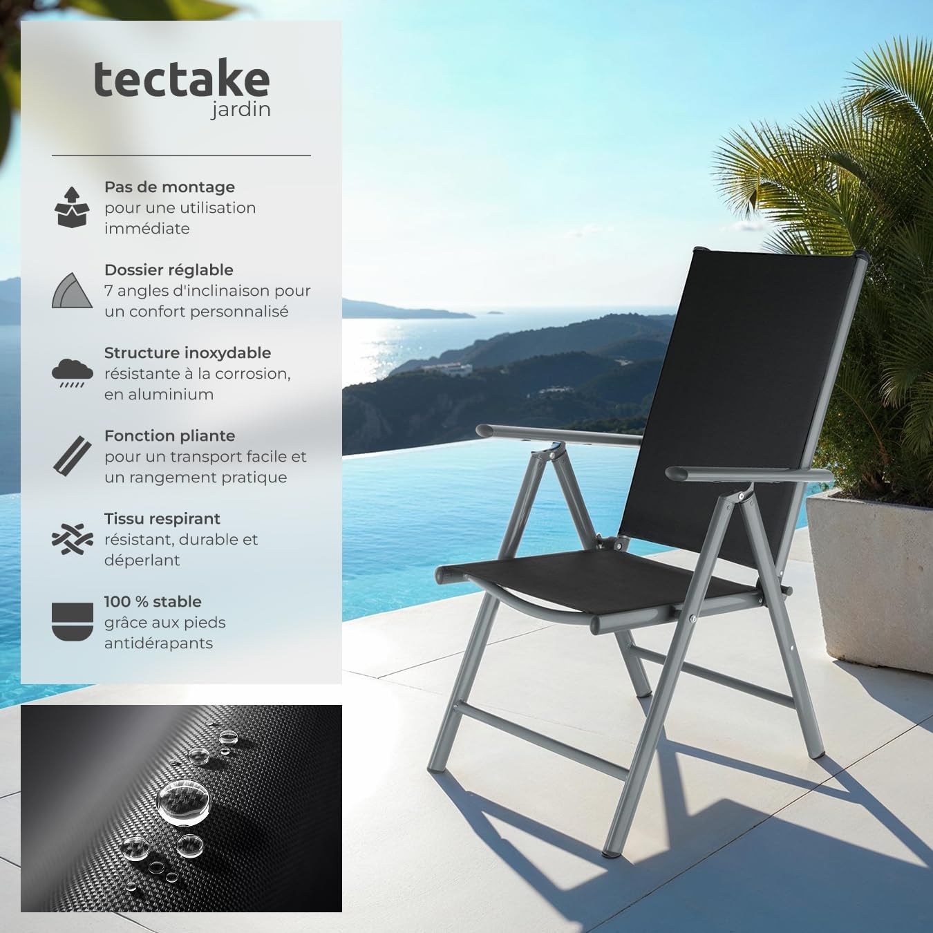 TecTake® Lot de 4 Chaises de Jardin Pliantes avec accoudoirs Chaises d´extérieur avec Cadre en Aluminium, Dossier Haut Réglable 7 Positions, Résistante intempéries, pour Salon de Jardin Exterieur – Image 3