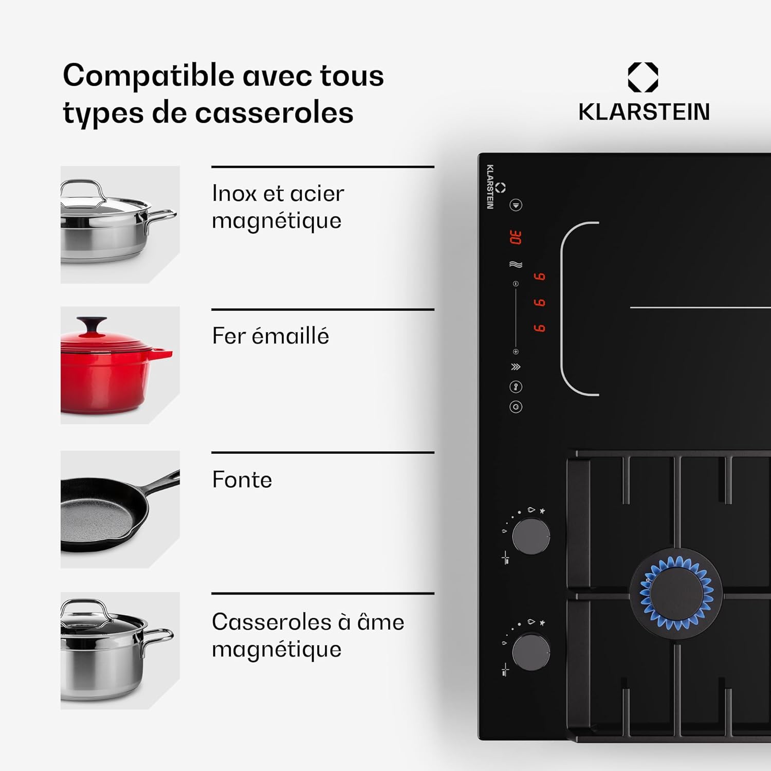 Klarstein MultiChef 4 Plaque Induction Et Gaz - 4 Zones, 2 Gaz et 2 Induction, Flexzone, 7Kw, StopetGo, Minuterie, Supports En Fonte Noir, 58,5Cm – Image 6