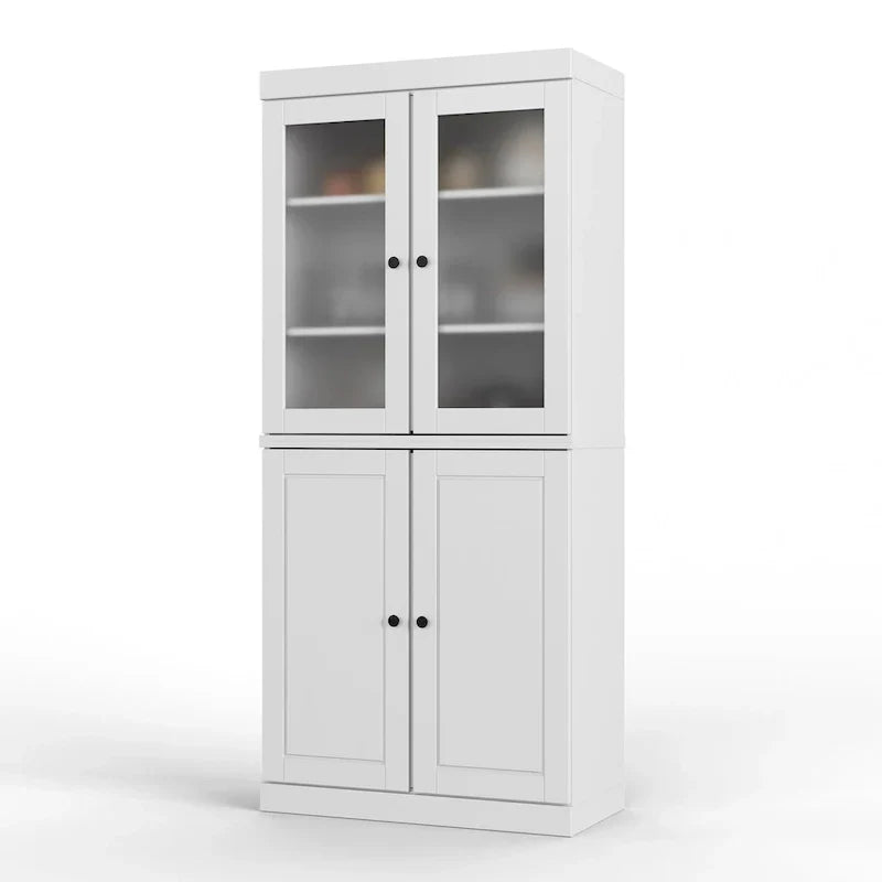 100% Solid Wood Pantry Cabinet with Frosted Glass Doors, Solid Doors, 2-Drawers and Adjustable Shelves – Image 13