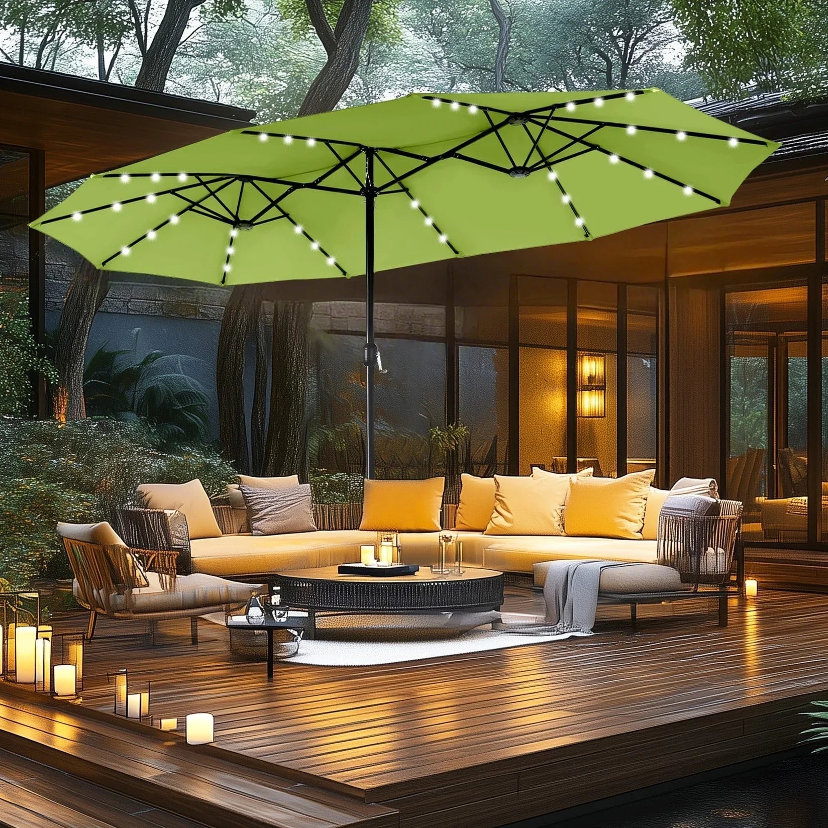 MAISON ARTS 15-foot Rectangular Crank Double-sided Outdoor Market Umbrella Solar LED Lighted Patio Umbrella with Base Included – Image 13