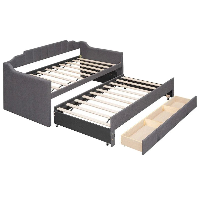 Twin Upholstered Daybed with Trundle and 3 Storage Drawers, Modern Guest Bed – Image 4