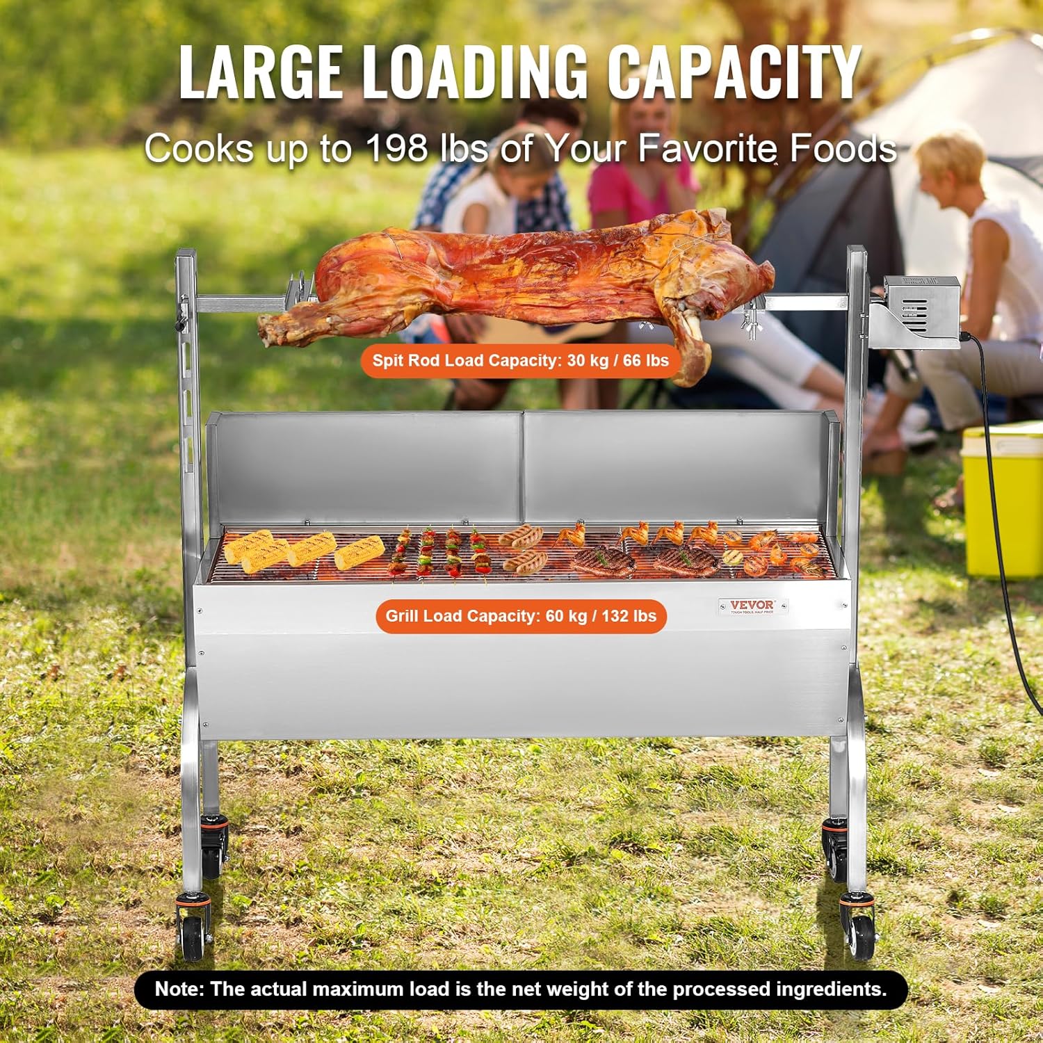VEVOR Barbecue à Charbon avec Tournebroche Électrique 52 W Charge 90 kg, Rôtissoire Barbecue 118,5 cm, en Inox, avec Pare-Brise et Roues Verrouillables, pour Rôtir Agneau Porcelet Poulet Camping – Image 3