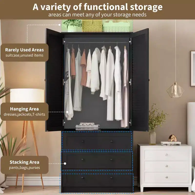 COZONY Armoire Wardrobe with 3 Drawers & 2 Doors, Modern Wooden Closet Cabinet for Bedroom, Heavy Duty White Standing Armoire – Image 6