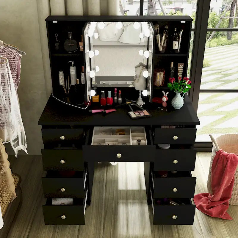 Luxurious LED Makeup Vanity with 9 Drawers Elegant Makeup Station – Image 16