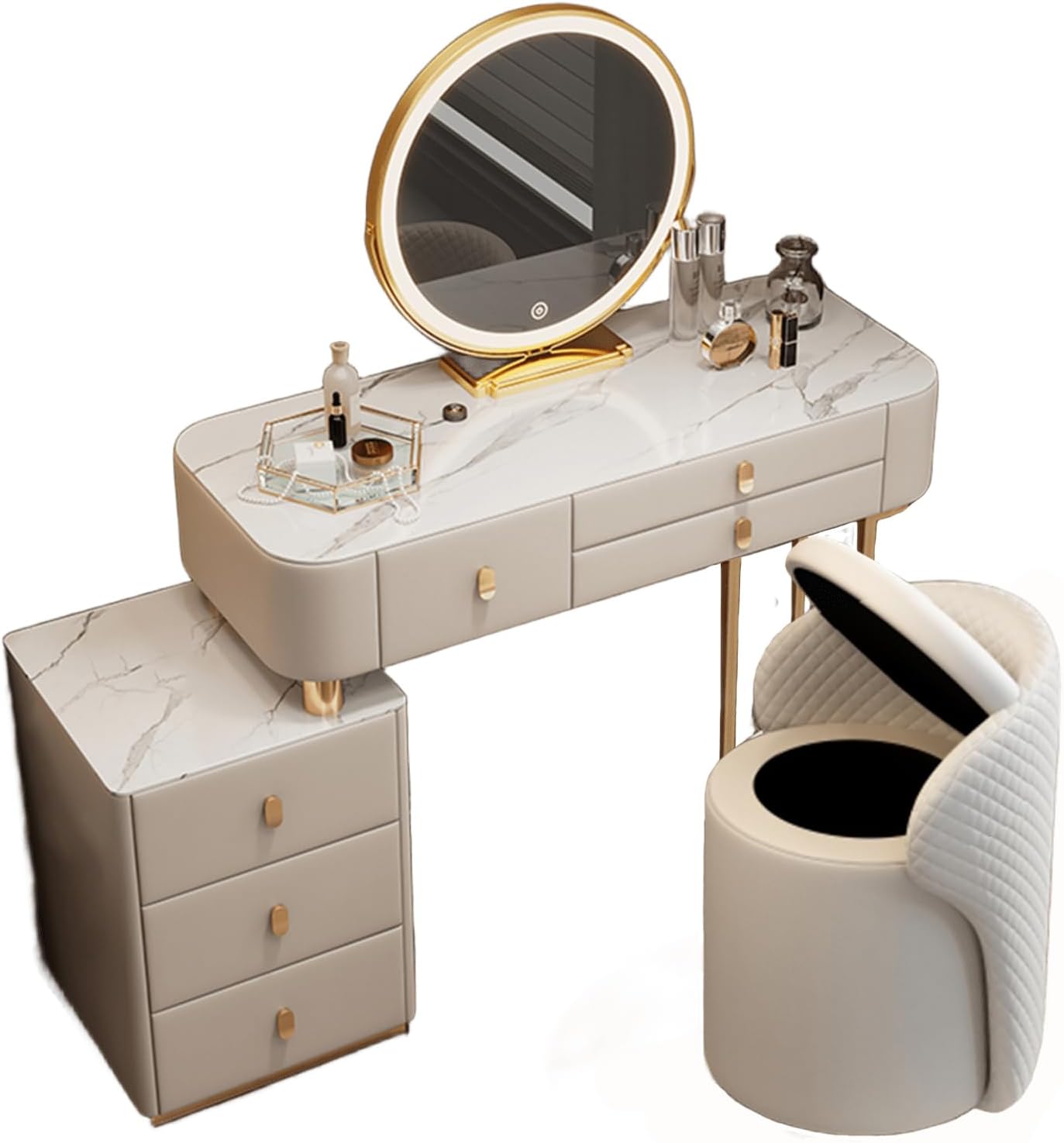 Meedlopia Coiffeuse Luxe Miroir LED HD 3 Teintes, Table d'Appoint Déplaçable, Surface Marbre - Coiffeuse Élégante avec Tabouret de Rangement pour Femmes et Filles
