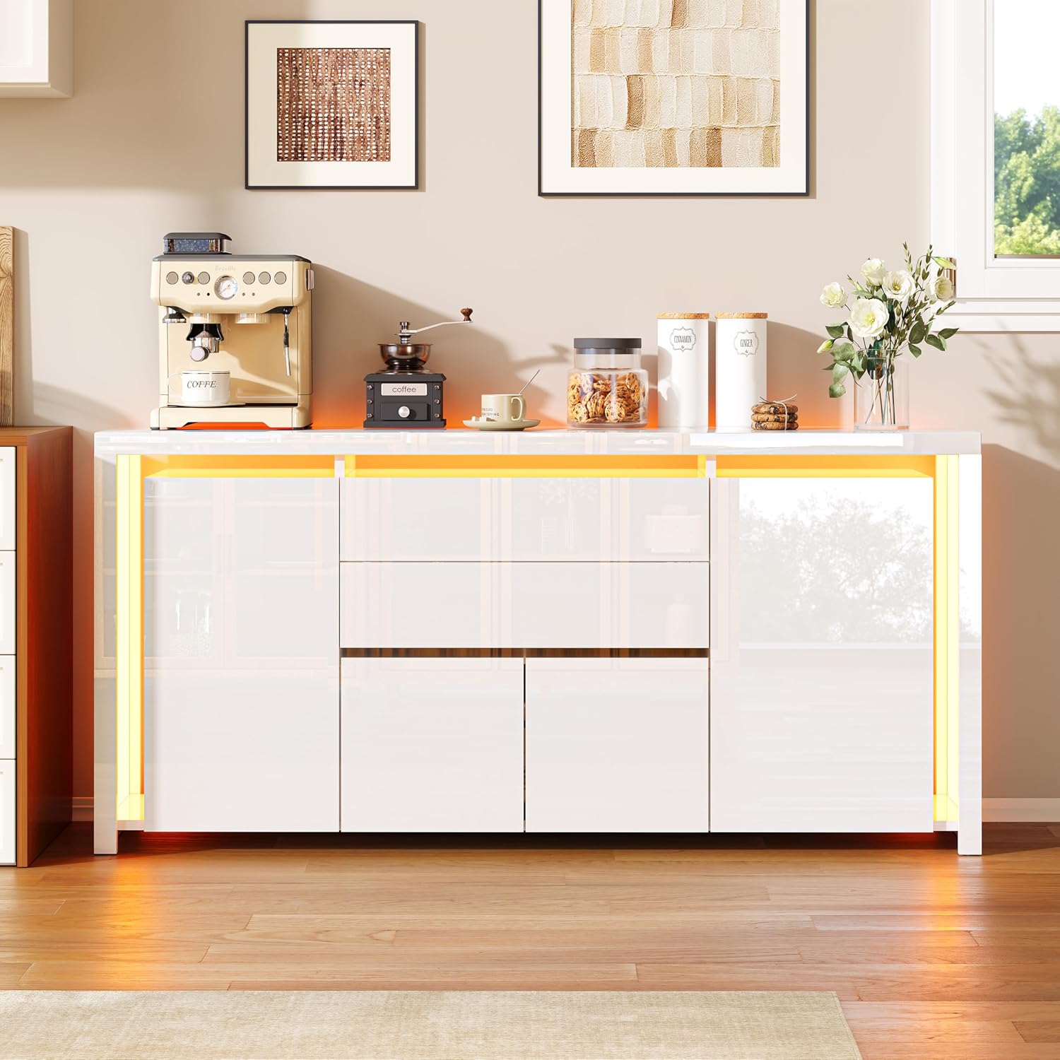 LONELYO Buffet Blanc Laqué 4 Portes2 Tiroirs avec Éclairage LED, Meuble de Rangement Moderne pour Salon, Cuisine ou Entrée, Design Haut Brillant Blanc – Image 7