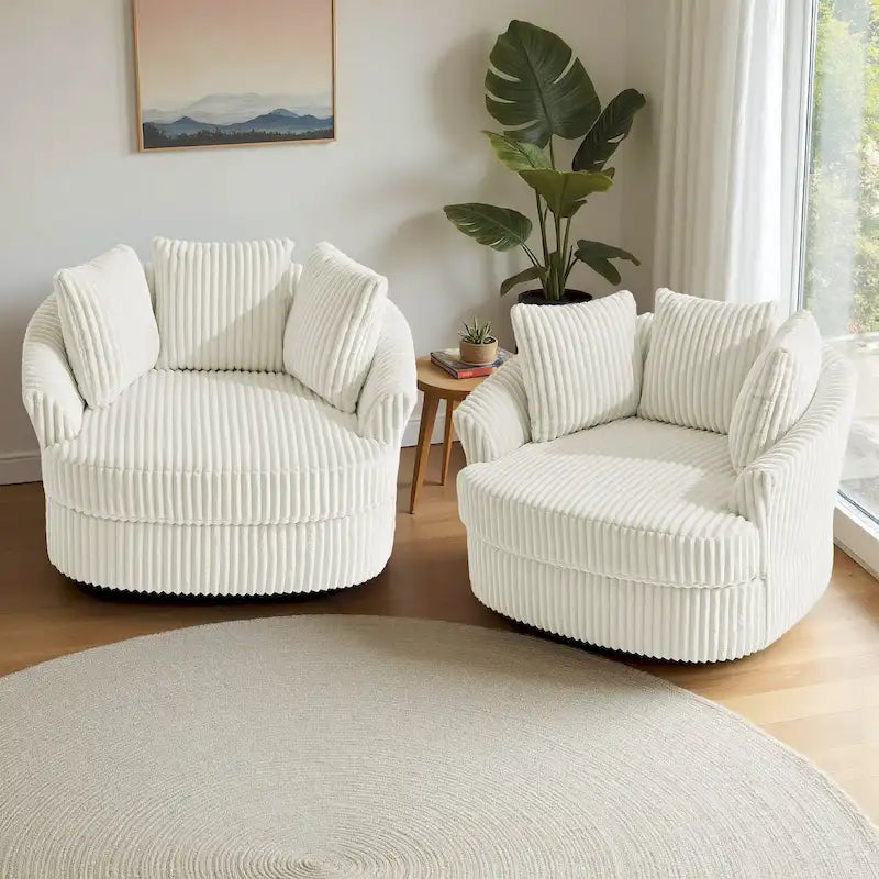 2 Set Oversized 43 W Plush Corduroy Swivel Barrel Chair with Pillows – Image 5