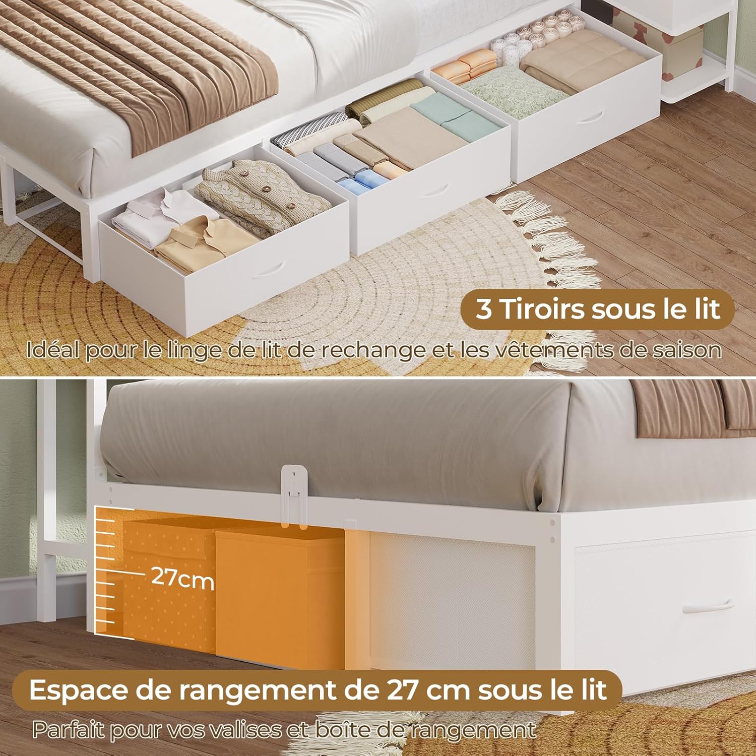 DICTAC Lit 90x190 en L – Banquette-Lit 1 Place avec Tête de Lit Capitonnée (Rangement Secret + Table de Nuit Intégrée), LED RGB & Recharge | Idéal pour Studio & Chambre (Blanc) | 3tiroirs sous le lit – Image 7