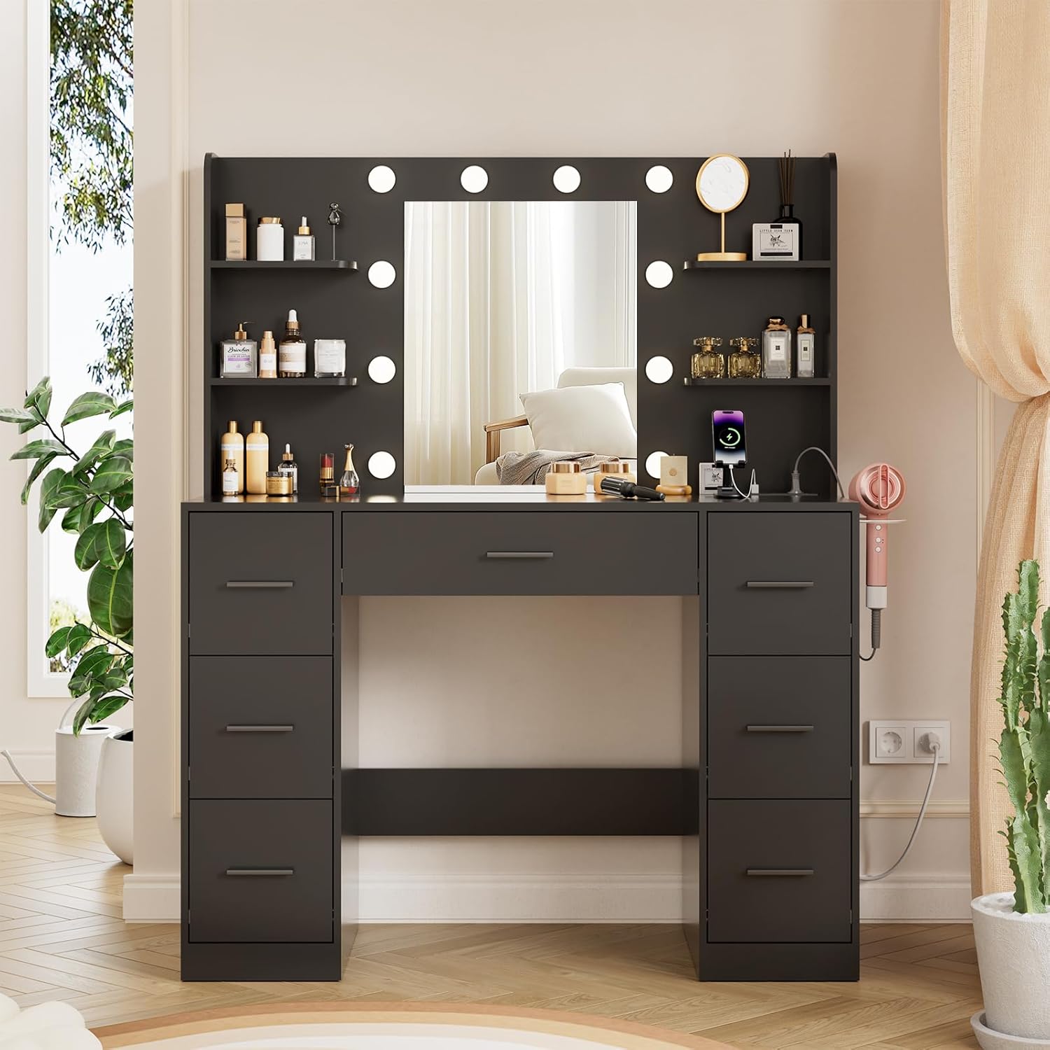 Airfish Coiffeuse LED, tiroir et prise, bureau de maquillage moderne avec étagères, commode pour chambre à coucher – Image 6