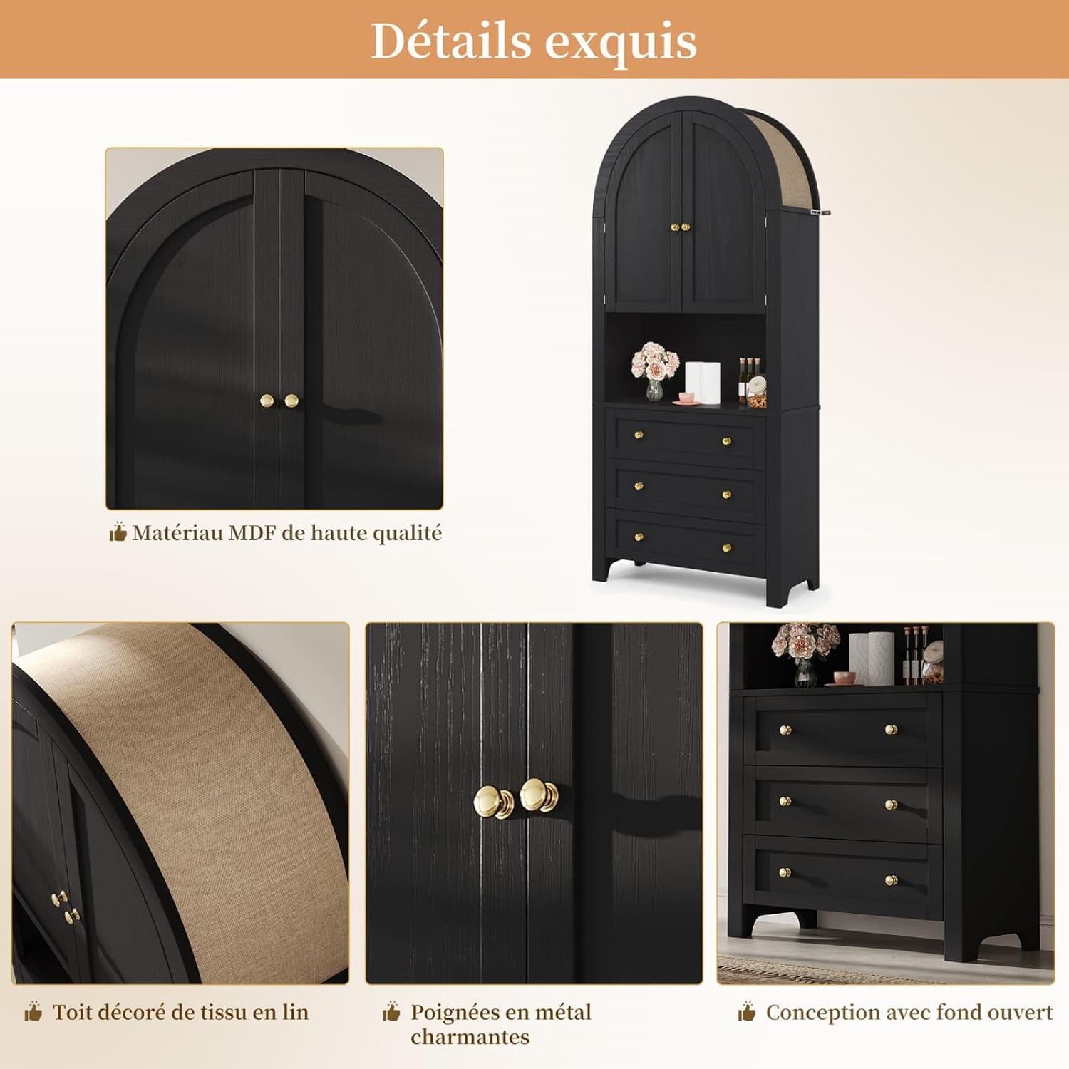 KOMHTOM Armoire de Rangement Haute, Armoire en Bois, Meuble de Rangement, Conception avec Dessus Incurvé, 3 Tiroirs, 2 Portes, pour Cuisine et Salon Noir – Image 6