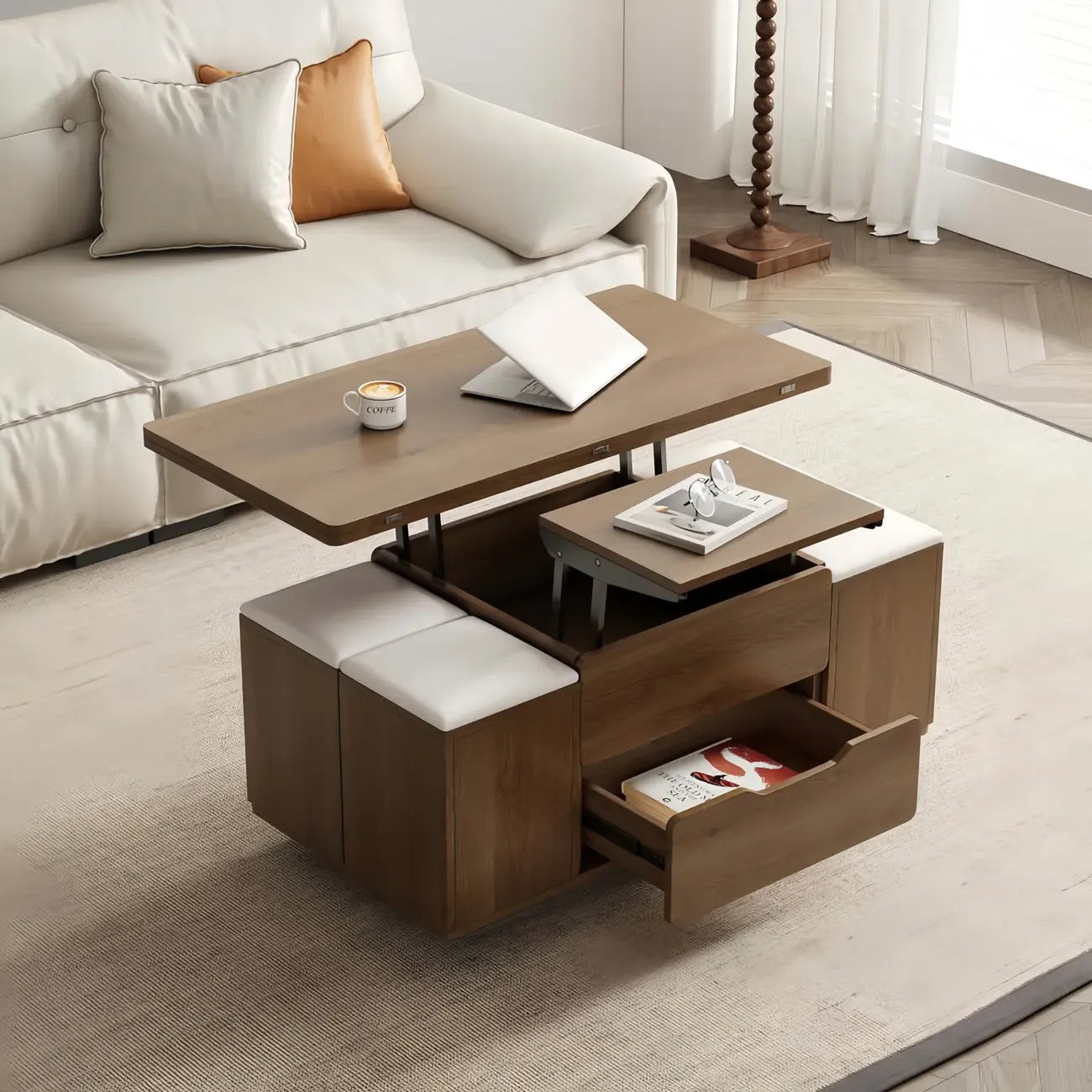 Foldable Lift-Top Coffee Table with 4 Stools & Storage – Image 2