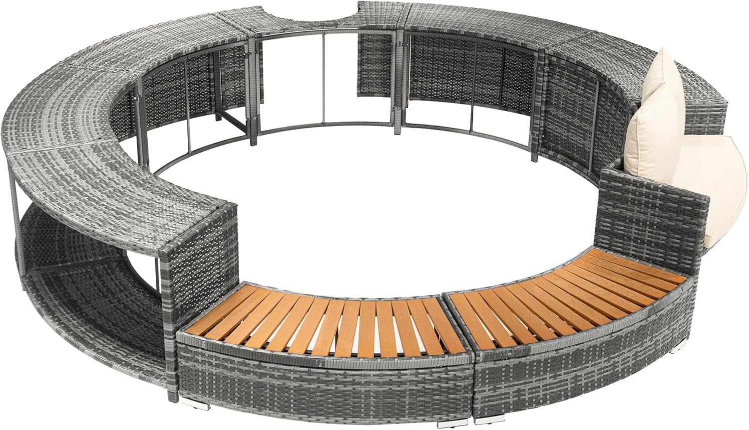 Spa Piscine Salon de Jardin Bordure de Piscine PE Gris Rotin et Bois d'acacia avec Espace de Rangement Salon Salon pour Jacuzzi et Piscine – Image 5
