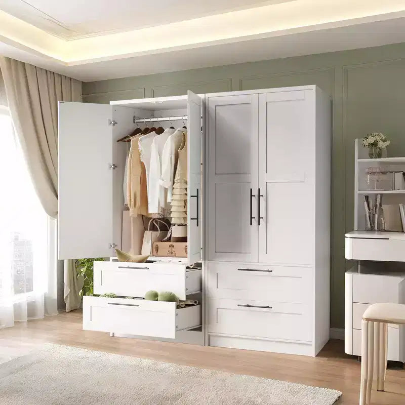 2-Door Wooden Wardrobe with 2 Drawers and Shelf for Hanging Clothes, Freestanding Bedroom Storage Cabinet for Bedroom Living Room – Image 7