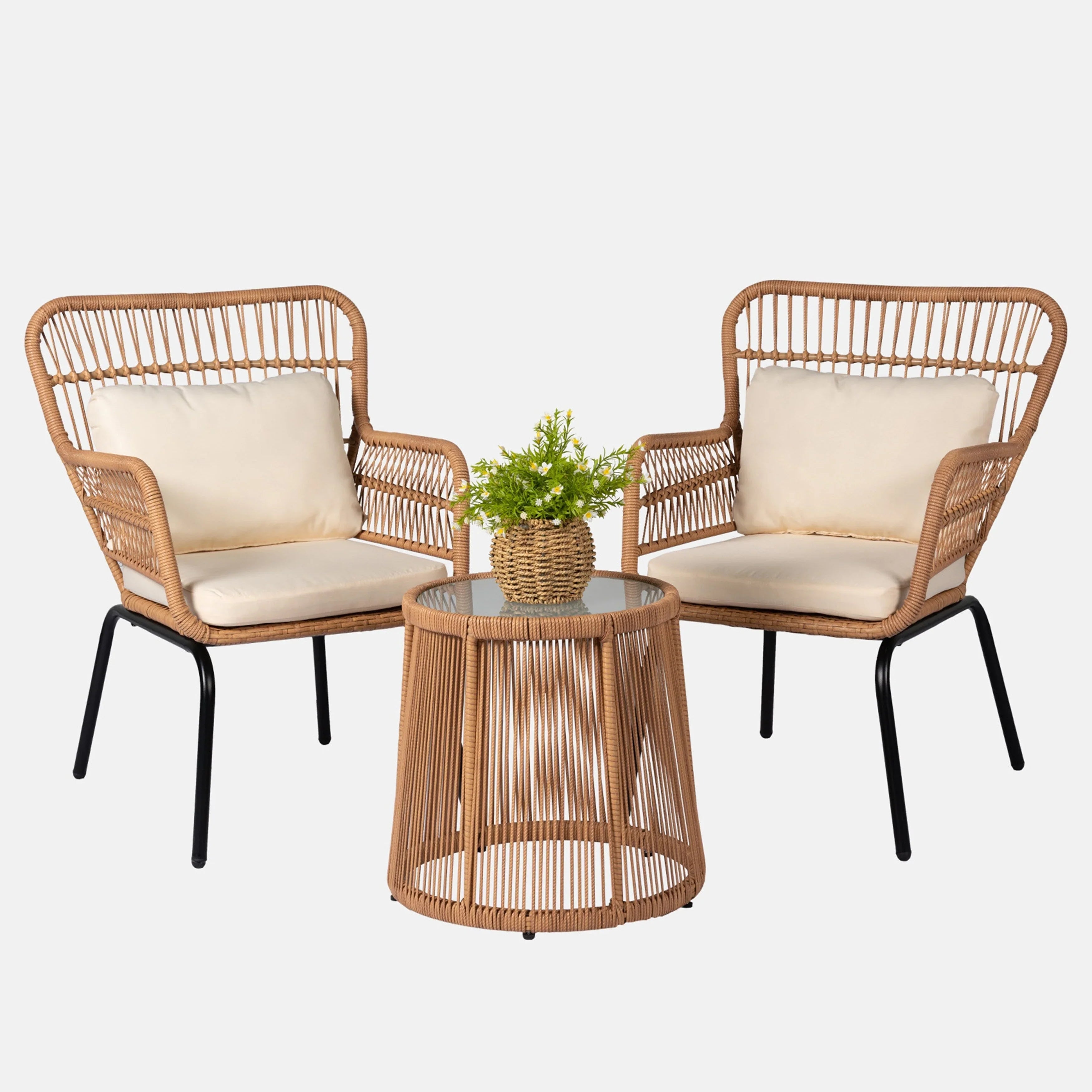 3 Piece Outdoor Wicker Conversation Bistro Set, All-Weather Rattan Furniture Patio Chairs Set with Cushions – Image 8
