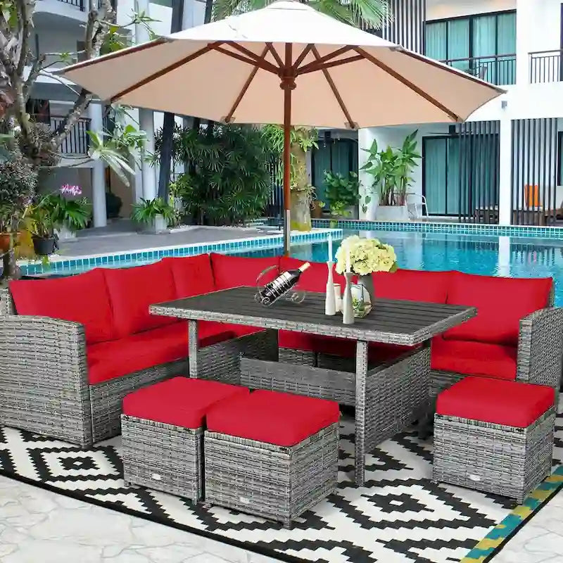 7 Pcs All-Weather Patio Rattan Dining Furniture Sectional Sofa Set with Wicker Ottoman and Cushed Couch – Image 5