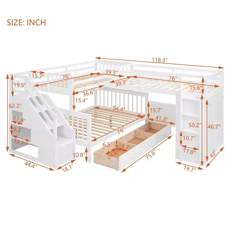 Whisen Modern Design Twin over Full L-Shaped Bunk Bed With 3 Drawers, Portable Desk and Wardrobe – Image 81