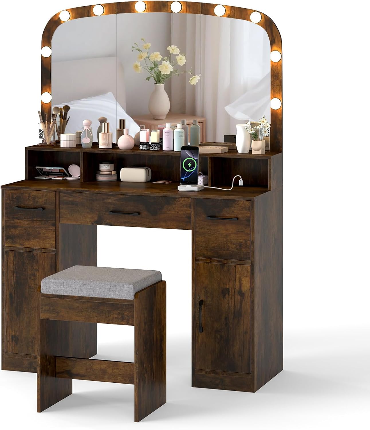 COSTWAY Coiffeuse avec Miroir et Tabouret, Coiffeuse avec Rangement, Station de Charge, 3 Couleurs de Lumière, Table de Maquillage 108 cm de Large, 3 Compartiments, 3 Tiroirs, 2 Armoires Industriel – Image 9