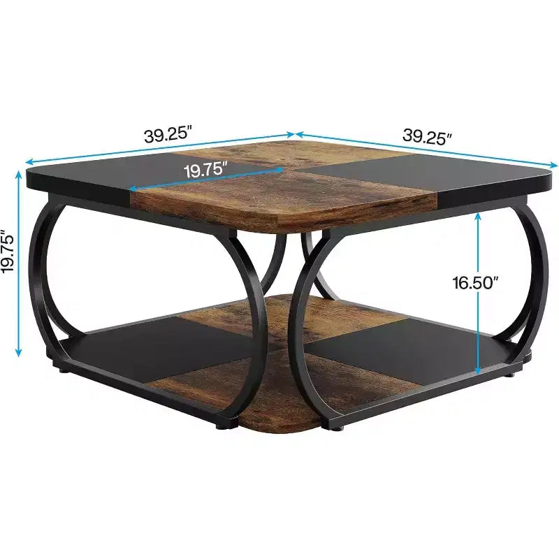 Lantine 40-Inch Square Coffee Table with 2 Tiers, Low Farmhouse Table with Storage Shelf for Living Room, Black Rustic Brown – Image 2