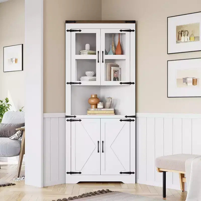 67 in Tall Corner Storage Cabinet with Lights, Farmhouse Corner Hutch Display Cabinet with Glass Doors, Wooden Storage Organizer for Kitchen, Bathroom – Image 4