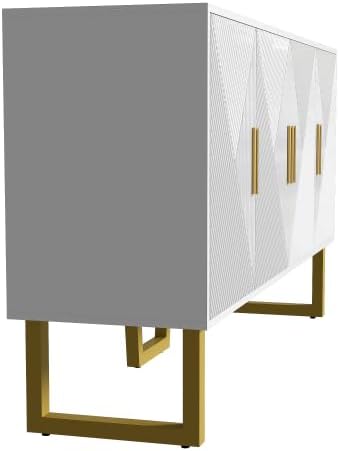 Buffet Salon Blanc Moderne avec 4 Portes Texturées, Façade Brillante, Poignées Dorées, Meuble Elégant, 150x40x82cm – Image 7
