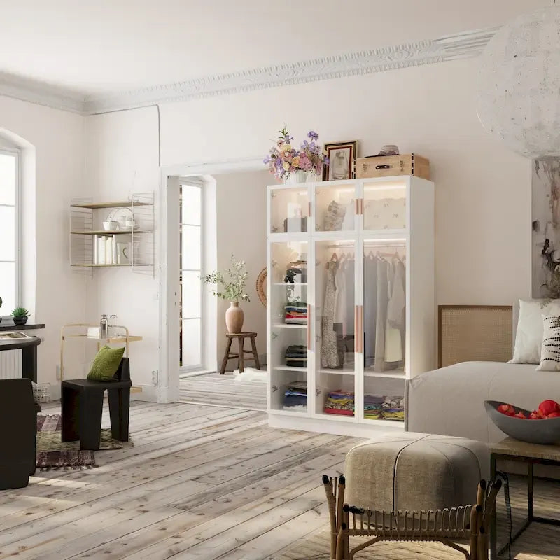 47.2 Wide Armoire LED Light All Glass Door Closet Cabinet Wardrobe – Image 41