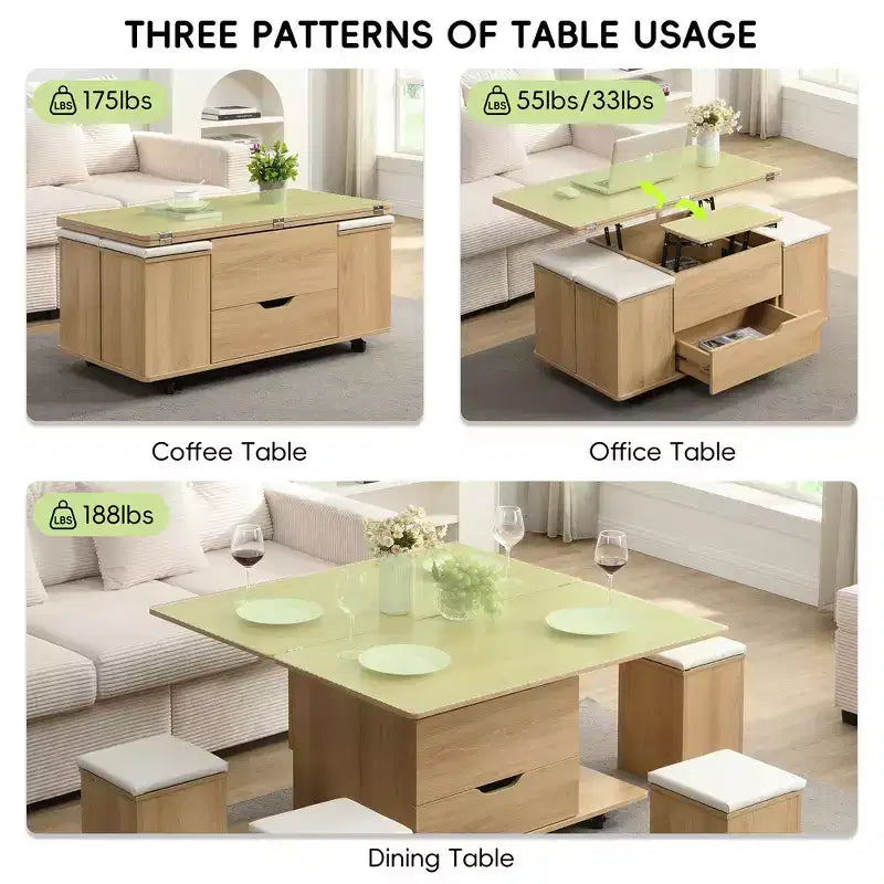 Zeus & Ruta Multi-Function Modern Lift-Top Coffee Table with Hidden Storage, 4 Stools and Casters, Perfect for Modern Living Spaces – Image 25