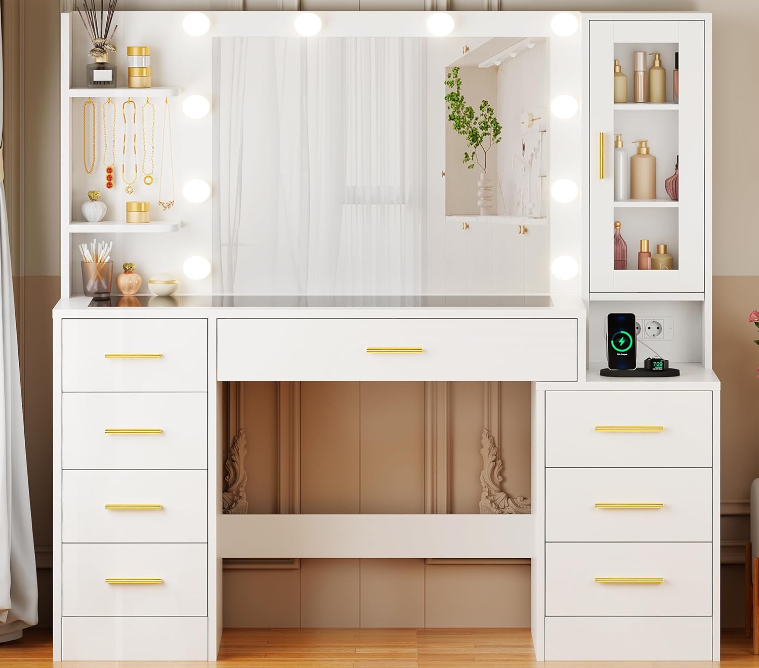 ANWBROAD Grande Coiffeuse avec Miroir et Prise, Éclairage LED Réglable,Table de Maquillage avec Plateau en Verre Coiffeuse Moderne avec 8 Tiroirs 3 Étagères 5 Crochets Blanc BDT88W – Image 9