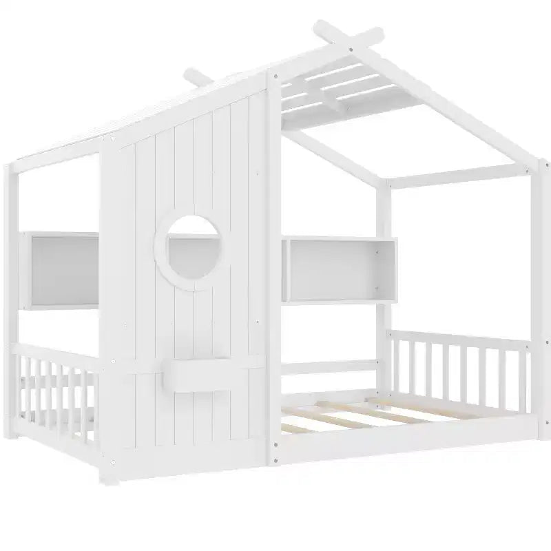 Polibi Floor House Bed with Built-In Storage Shelves & Slatted Roof – Image 11
