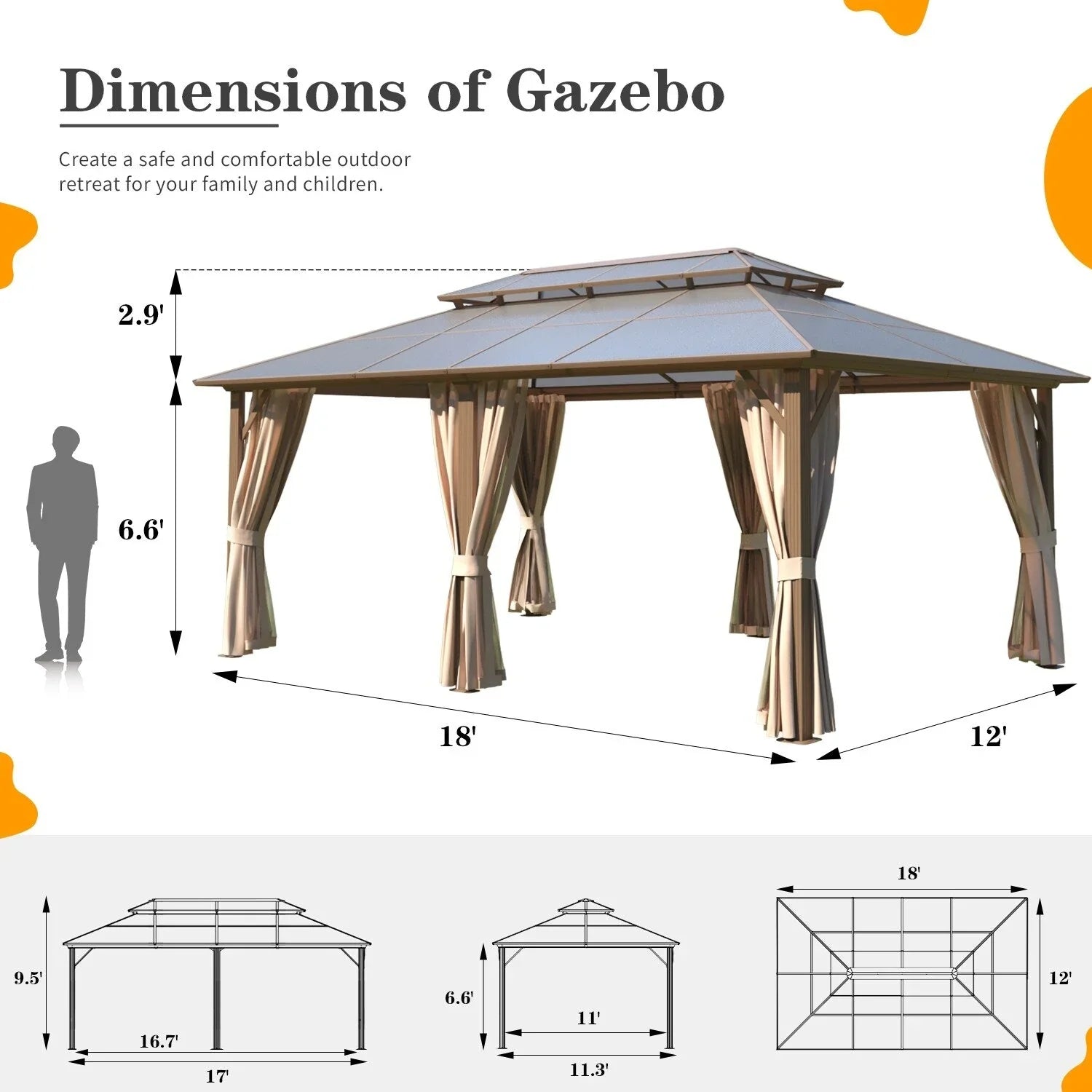 EROMMY Hardtop Gazebo,Outdoor Pergola with Double Roof & Netting & Curtains,Heavy Duty Canopy for Patio, Backyard, Pool party – Image 95