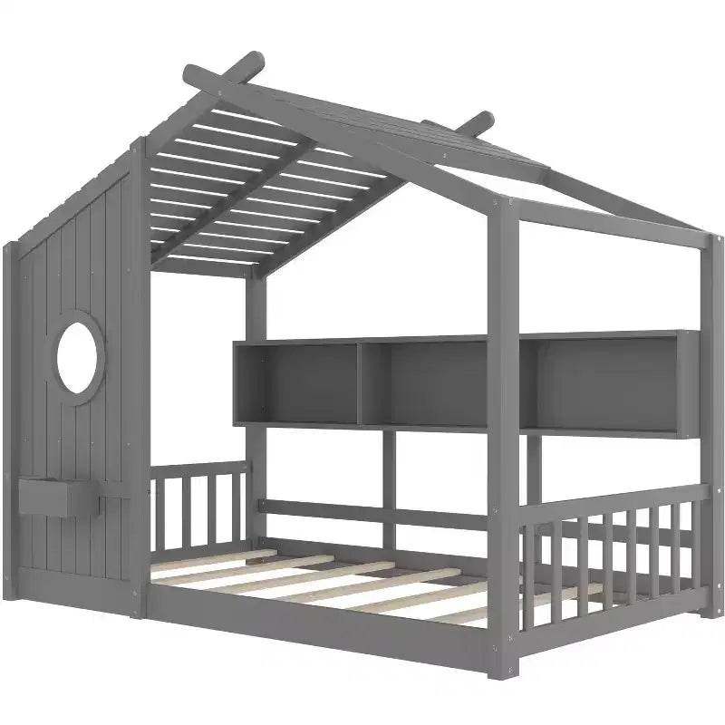 Polibi Floor House Bed with Built-In Storage Shelves & Slatted Roof – Image 4