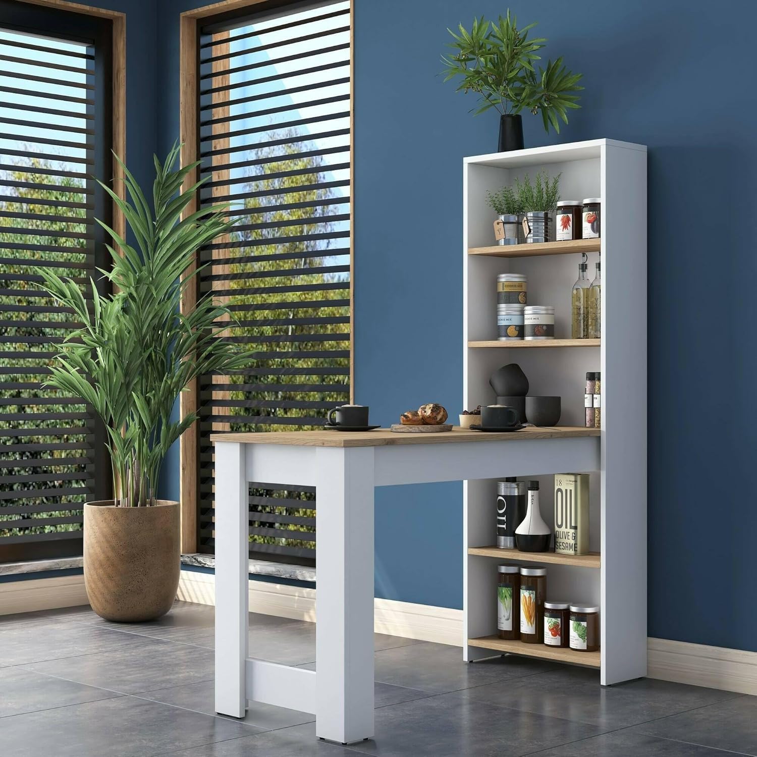 Dmora - Table Fixe Talitha, étagère de Cuisine, Console pour Salle à Manger, étagère rectangulaire Fixe, 120x54h154 cm, Noyer et Blanc – Image 3