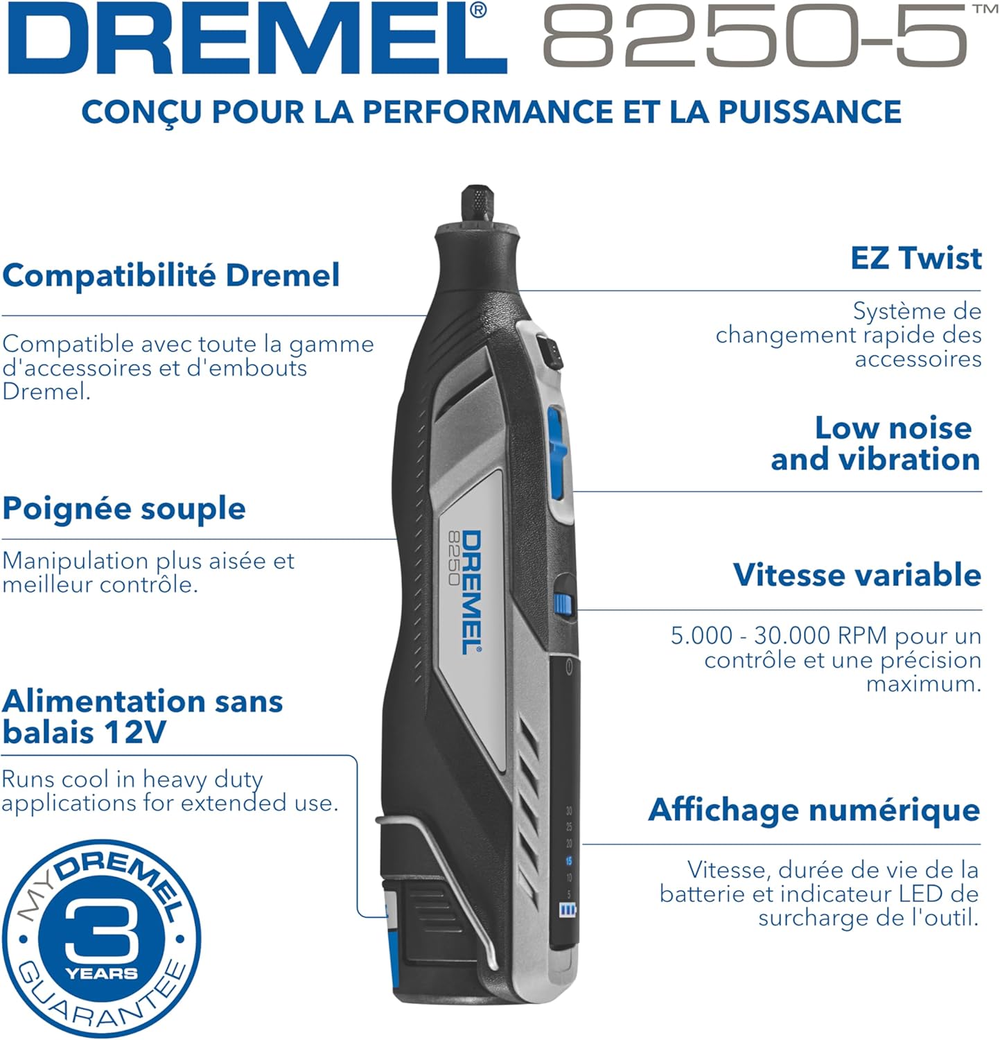 Dremel 8250 Outil rotatif sans fil 12 V 5 000-30 000 tr/min Kit d'outils multifonctions sans balais avec boîte Dremel, 65 accessoires, 5 accessoires et embouts, pour poncer, fraiser, graver – Image 10
