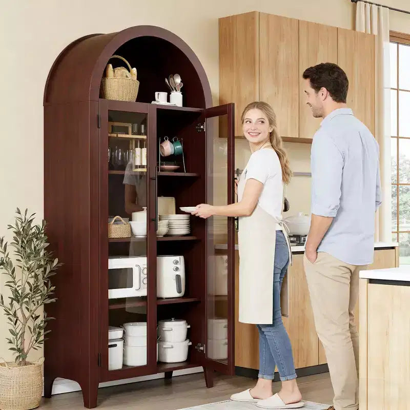 Tall Arched Storage Cabinet with Glass Doors, 5-Tier Display Bookcase with Adjustable Shelves for Kitchen or Living Room – Image 11