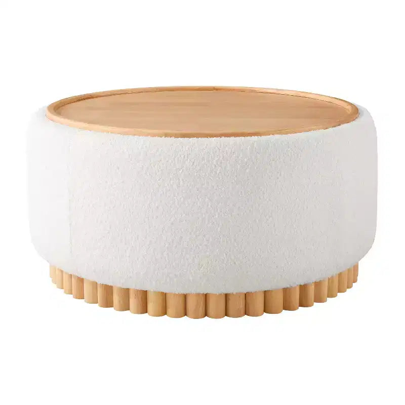 Polibi Round Storage Ottoman with Solid Wood Cylinder Base & Reversible Lid – Image 5