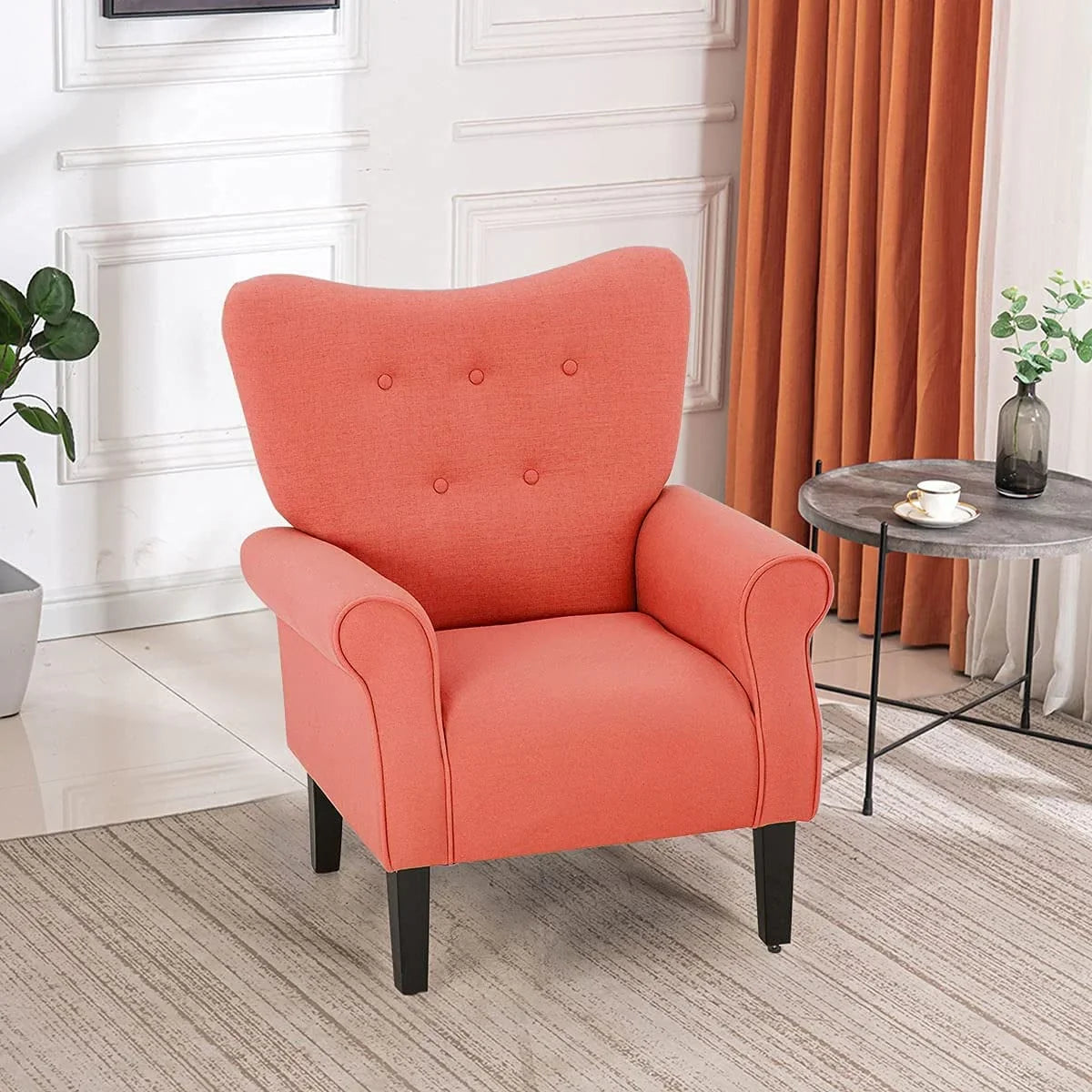 Erommy Modern Accent Chair, High Back Armchair, Upholstered Fabric Button Single Sofa with Wooden Legs for Living Room – Image 22