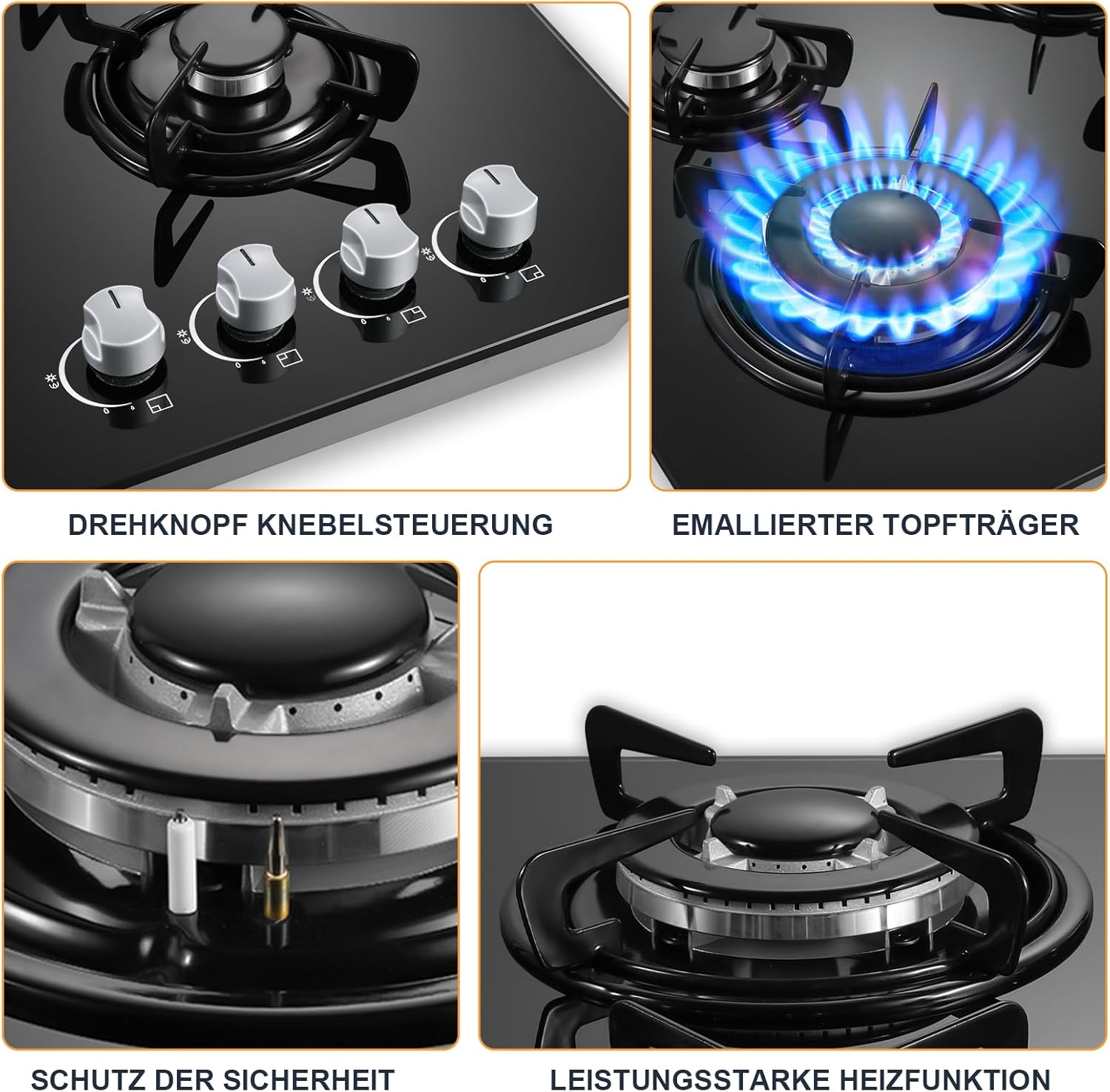 TopStrong Plaque de cuisson à gaz 4 brûleurs, 60 cm en verre noir, avec brûleur wok 8060 W et protection thermocouple, compatible gaz naturel et GPL – Image 7