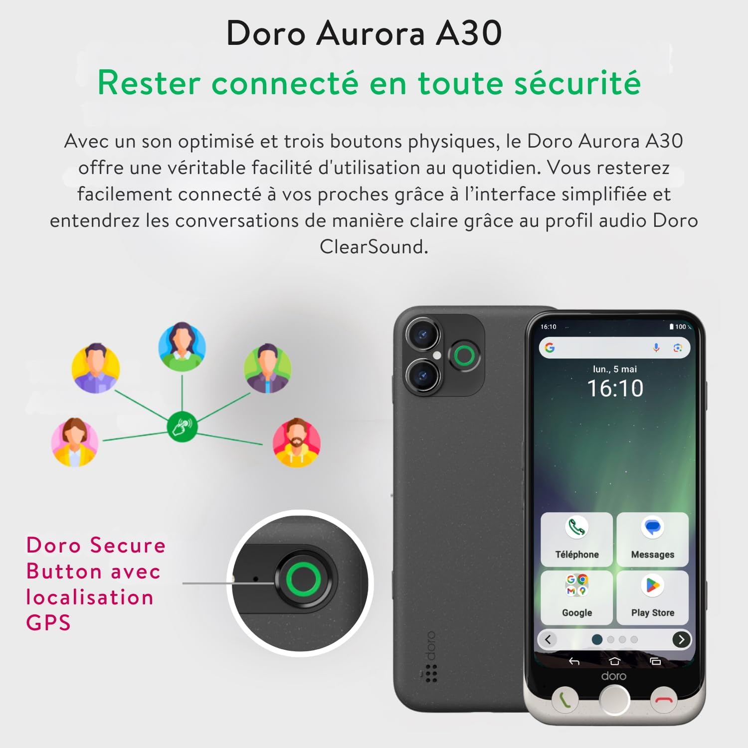 Doro - Téléphone Aurora A30 - Téléphone Portable Senior - Facile à Utiliser - Touche d'Assistance avec Localisation GPS - Compatible Appareils Auditifs - Câble USB Inclus - Graphite – Image 4
