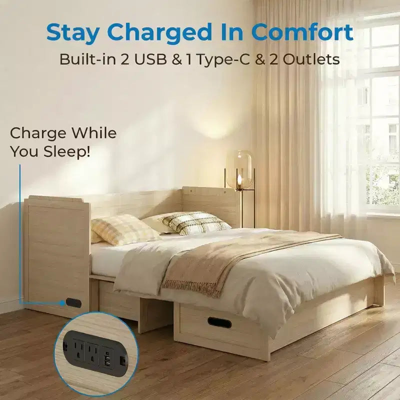 Mjkone Queen Size Convertible Murphy Cabinet Bed with Mattress, USB Charging, Storage Drawers – Image 11
