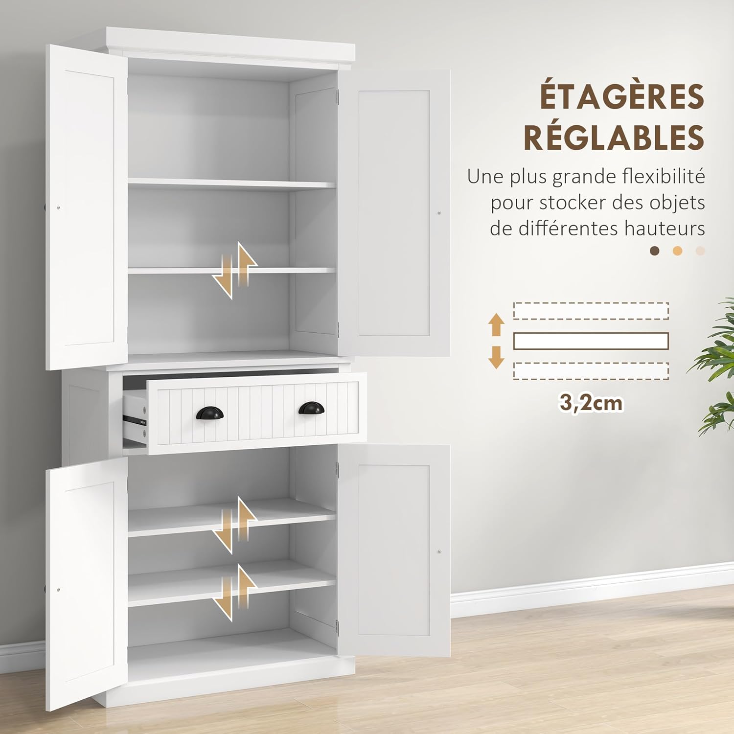 HOMCOM Armoire de Cuisine Buffet Cuisine Style Moderne vaisselier avec placards à Portes, étagères réglables et tiroir, Meuble de Rangement pour Salle à Manger, Salon, 76,2 x 40,2 x 183 cm, Blanc – Image 5